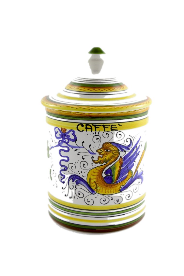 Barattolo per il caffè in maiolica di Deruta con drago raffaellesco