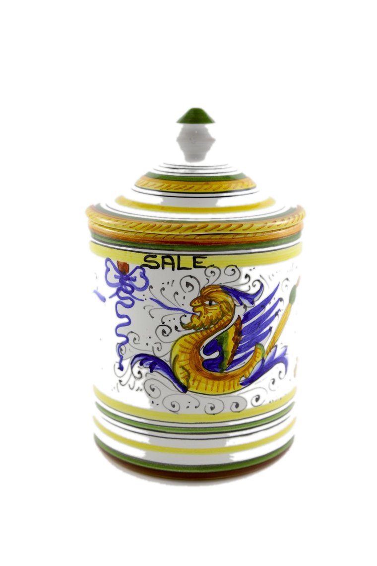 Barattolo per il sale in maiolica di Deruta con drago raffaellesco