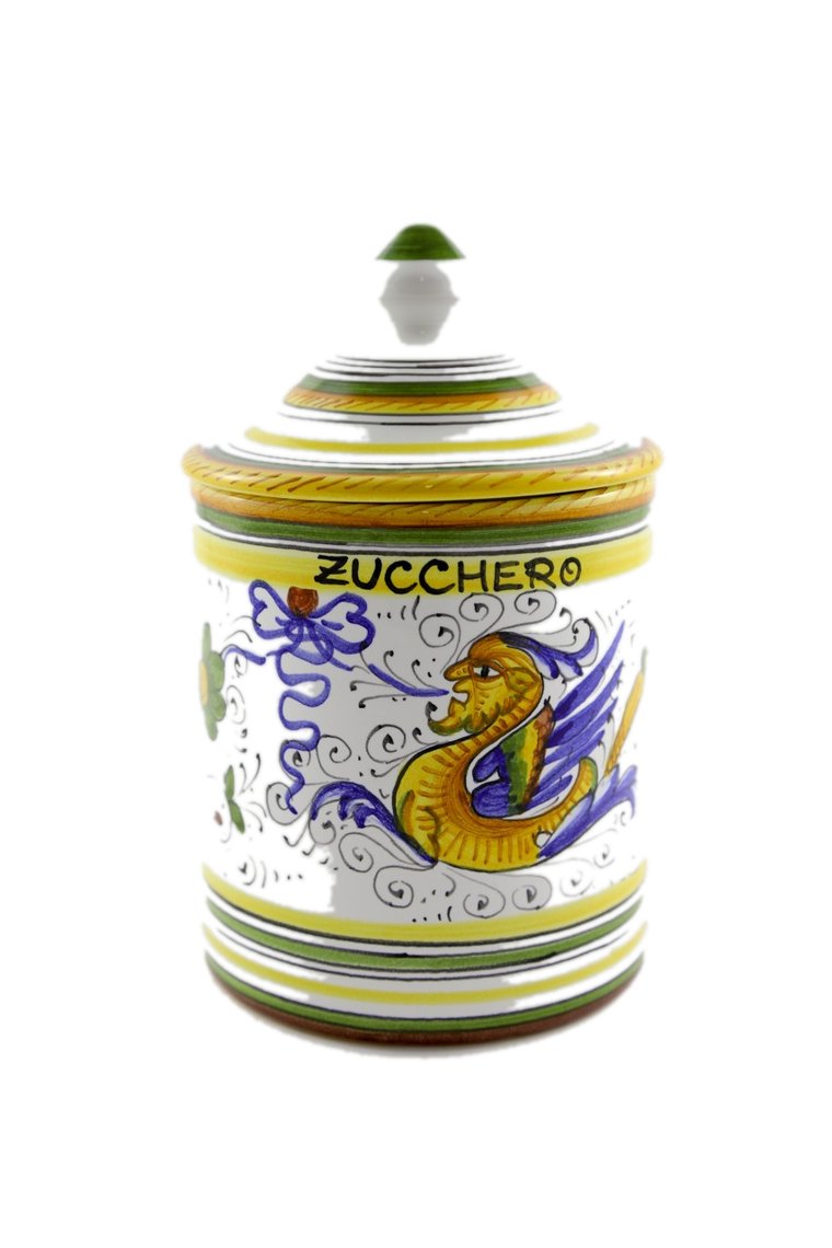 Barattolo per lo zucchero in maiolica di Deruta con drago raffaellesco