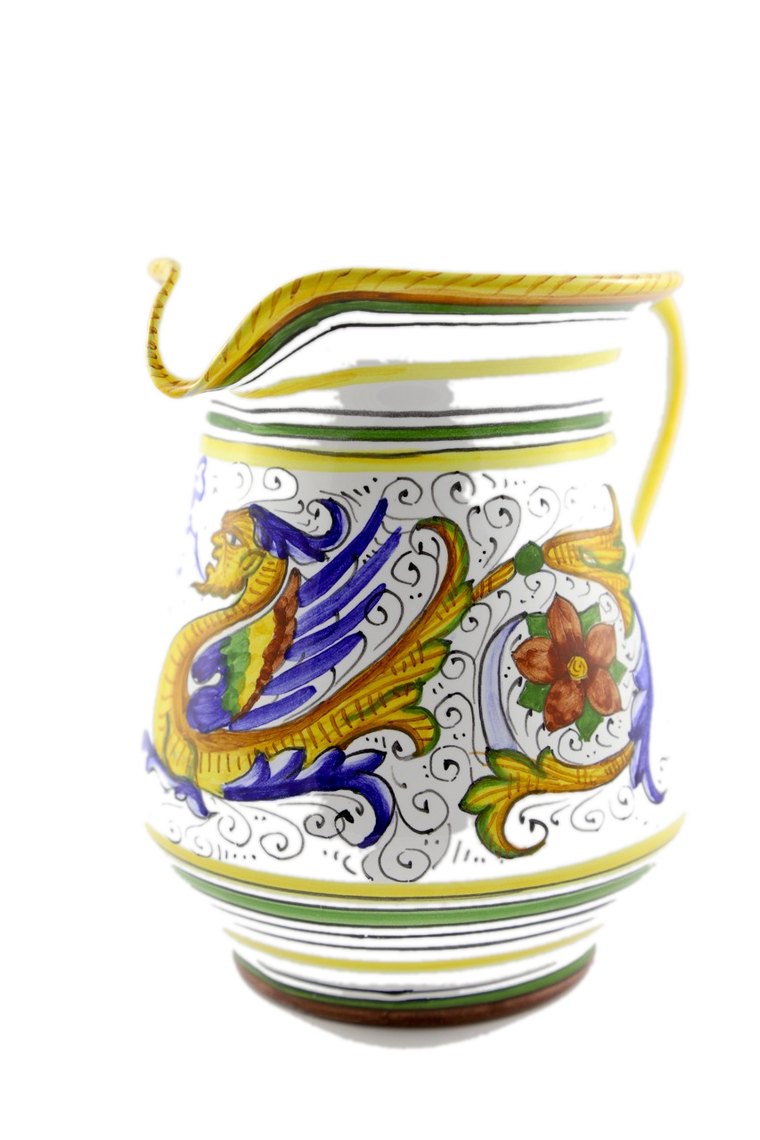 Boccale da acqua in maiolica di Deruta con drago raffaellesco e manico giallo