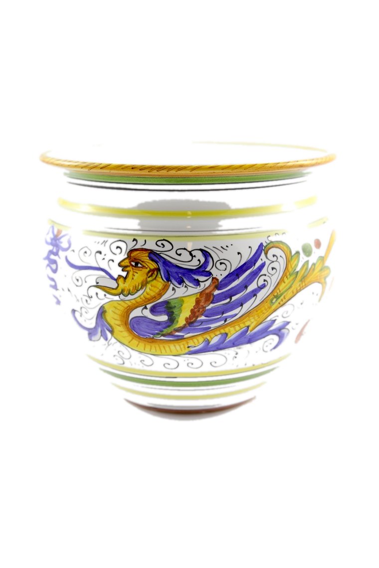 Caspò portavaso in maiolica di Deruta con drago raffaellesco
