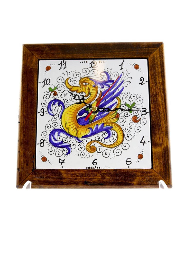 Orologio da parete su piastrella dipinta a mano, montato su cornice di legno
