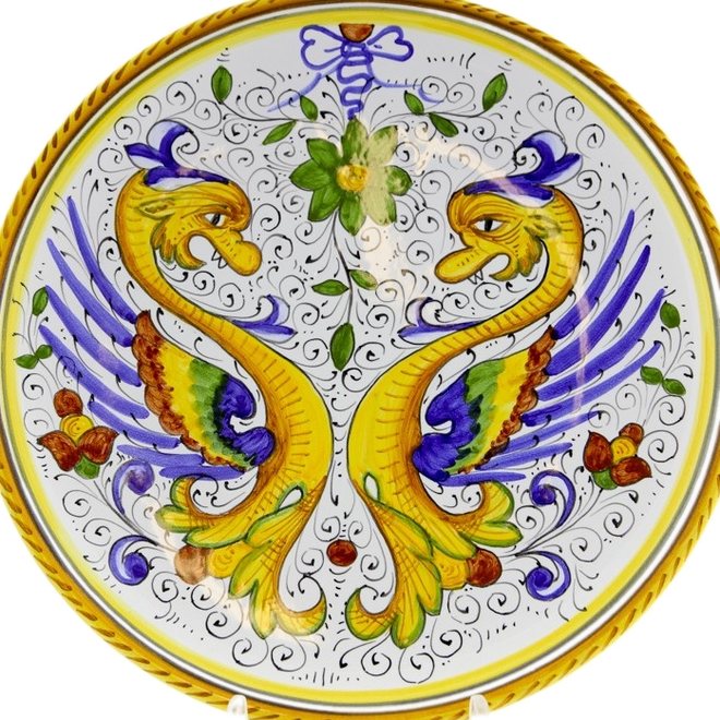 Piatto in maiolica di Deruta di 30 cm con due draghi raffaelleschi e girali blu