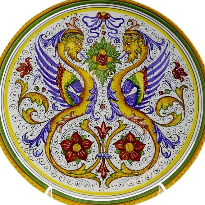 Piatto in maiolica di Deruta di 35 cm con due draghi raffaelleschi e cornice verde