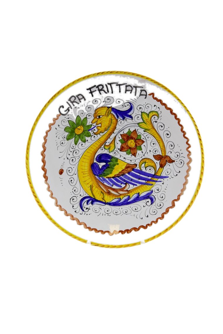 Piatto di Deruta con drago e la scritta Gira frittata