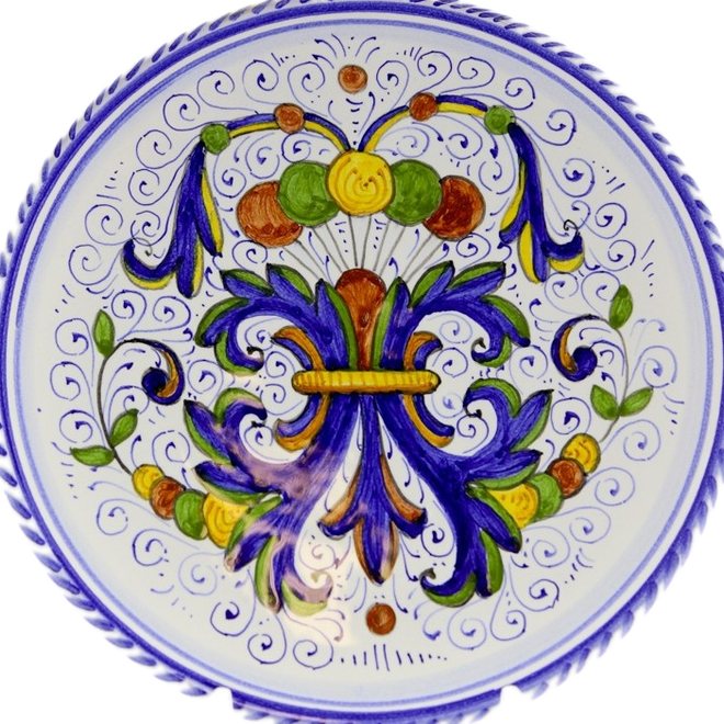 Piatto in maiolica di Deruta con decoro Ricco Deruta e cornice a corda blu