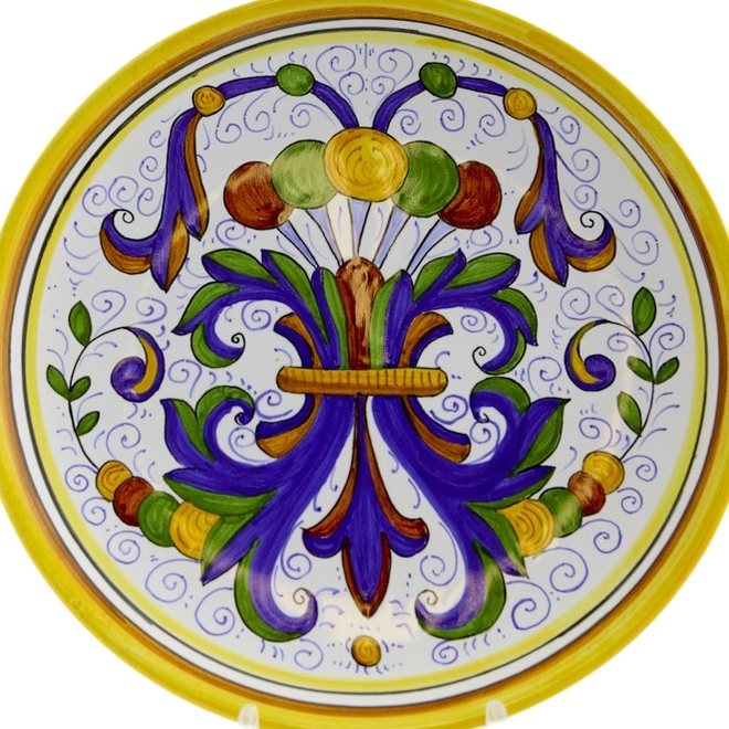 Piatto in maiolica di Deruta con decoro Ricco Deruta e cornice gialla