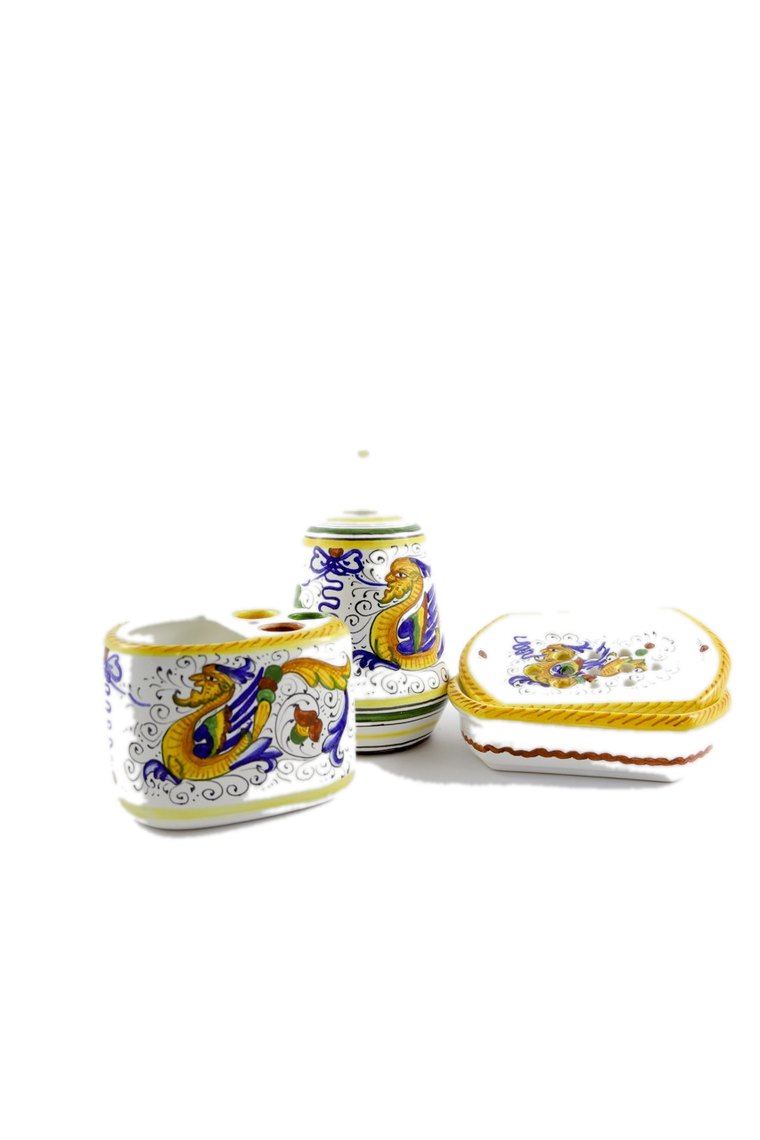 Set da bagno di tre pezzi in maiolica di Deruta: dispenser, portaspazzolini e portasapone