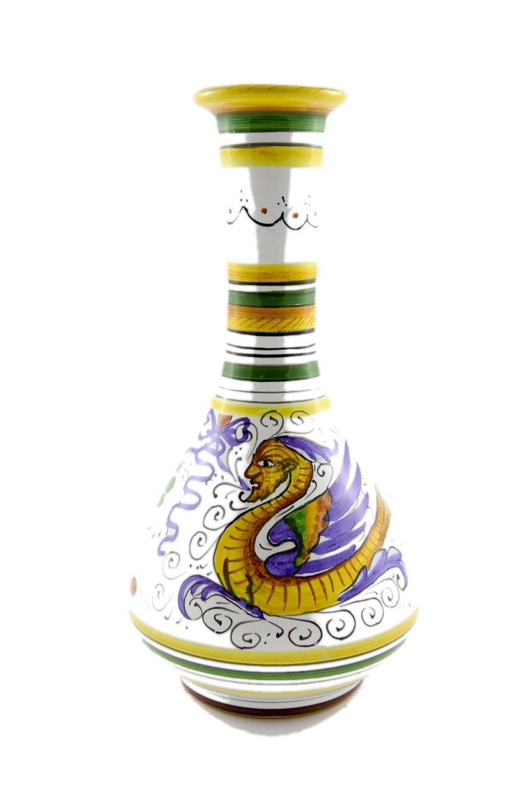 Vaso a bottiglia in maiolica di Deruta con drago raffaellesco