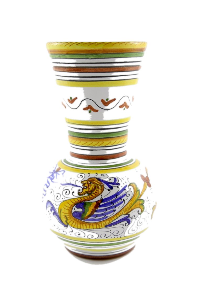 Vaso da fiori in maiolica di Deruta con drago raffaellesco e fasce gialle
