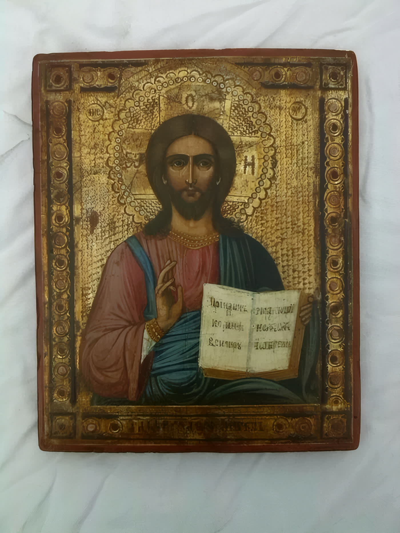 Icona originale d'epoca del Cristo Pantocratore su fondo dorato